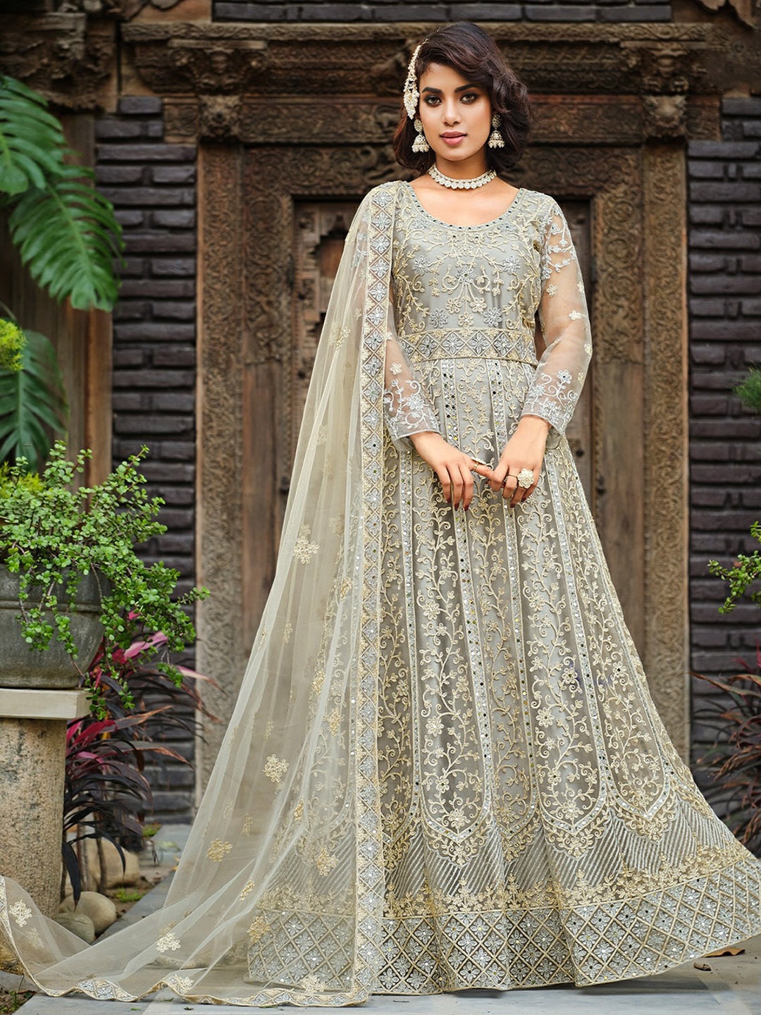 

ODETTE Ethnic Motifs Embroidered Ethnic Semi Stitched Dress, Grey