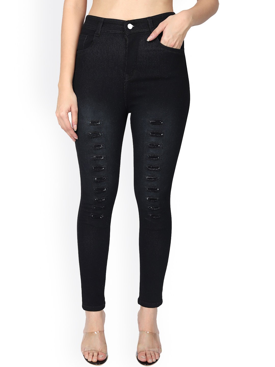 

BAESD Women Jean Slim Fit Mildly Distressed Light Fade Stretchable Denim Jeans, Black