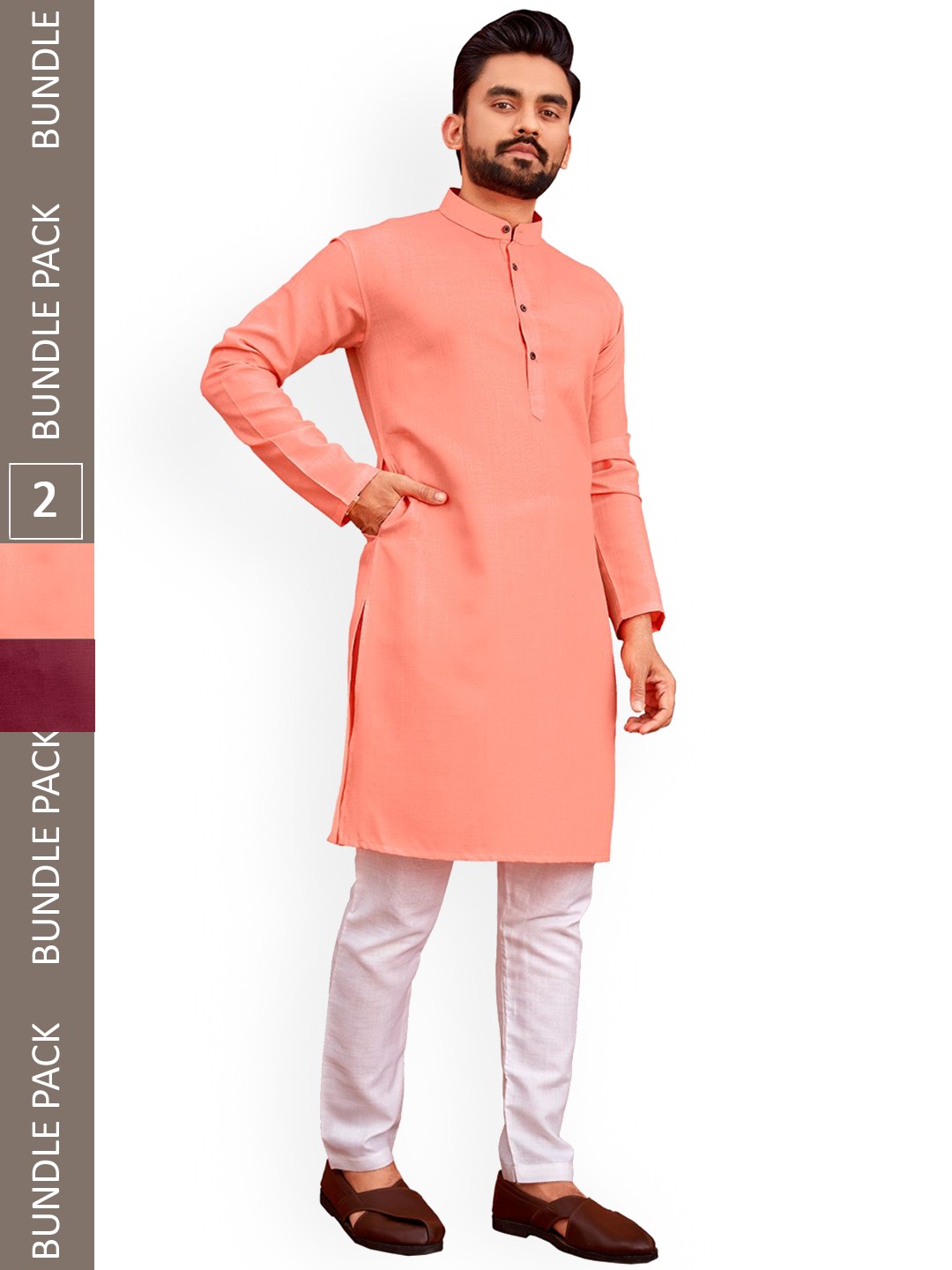

allan peter Pack Of 2 Mandarin Collar Cotton Kurtas, Peach