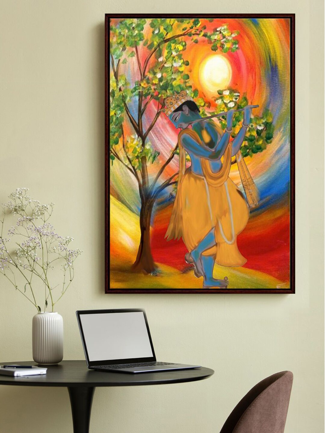 

999Store Beige & Green Lord Krishna Playing Flute With Tree Wall Art Painting