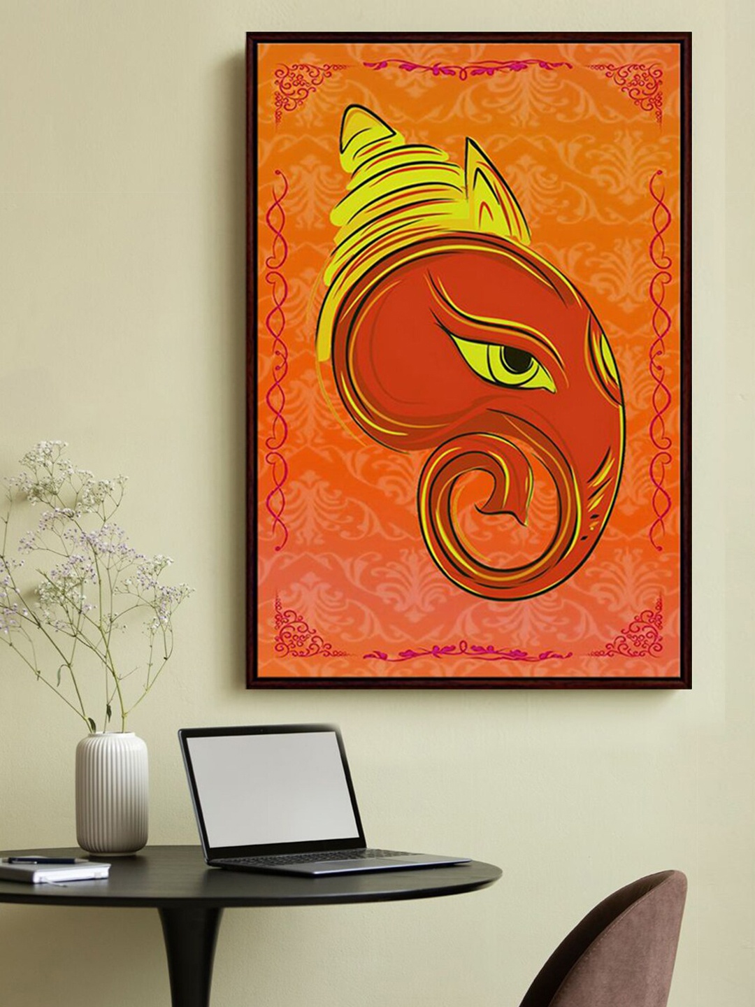 

999Store Orange Colored Lord Ganesha Printed Framed Wall Art