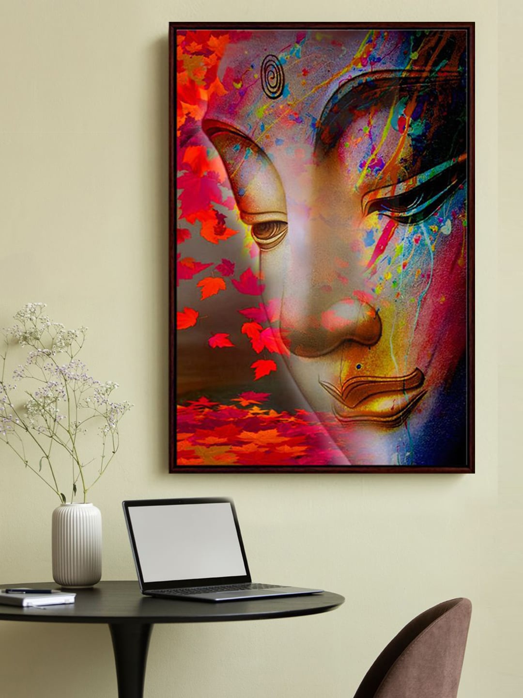 

999Store Red & Blue Lord Buddha Face Art With Leaves Framed Painting Wall Art