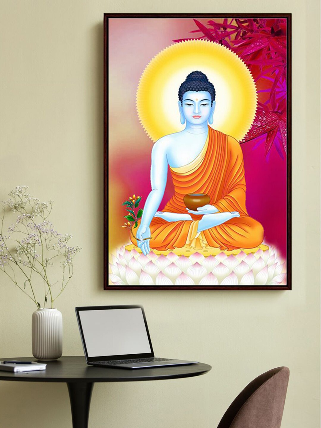

999Store Pink & Orange Colored Lord Buddha Printed Framed Wall Art