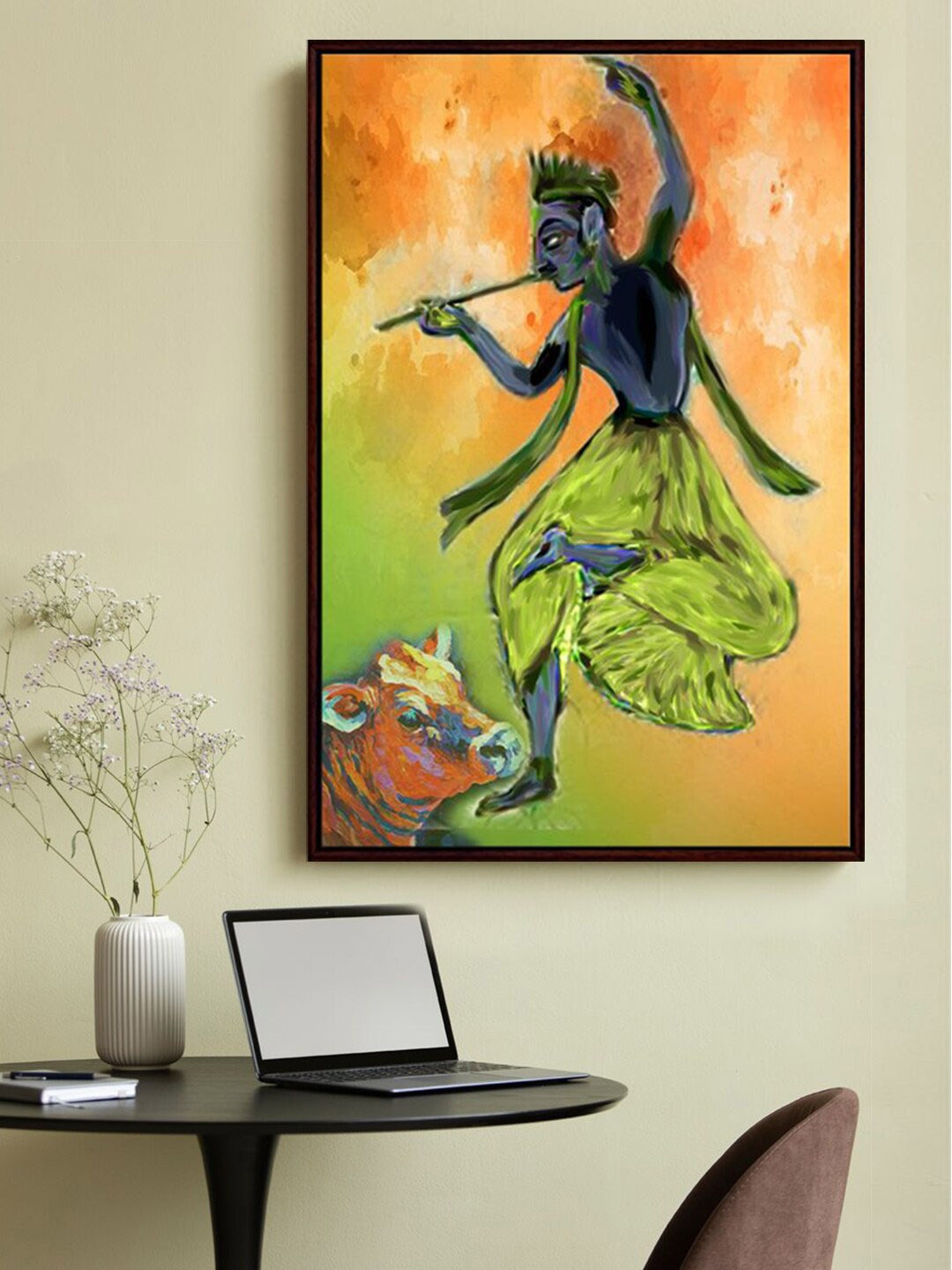 

999Store Green & Orange Colored Lord Krishna Dancing Printed Framed Wall Art