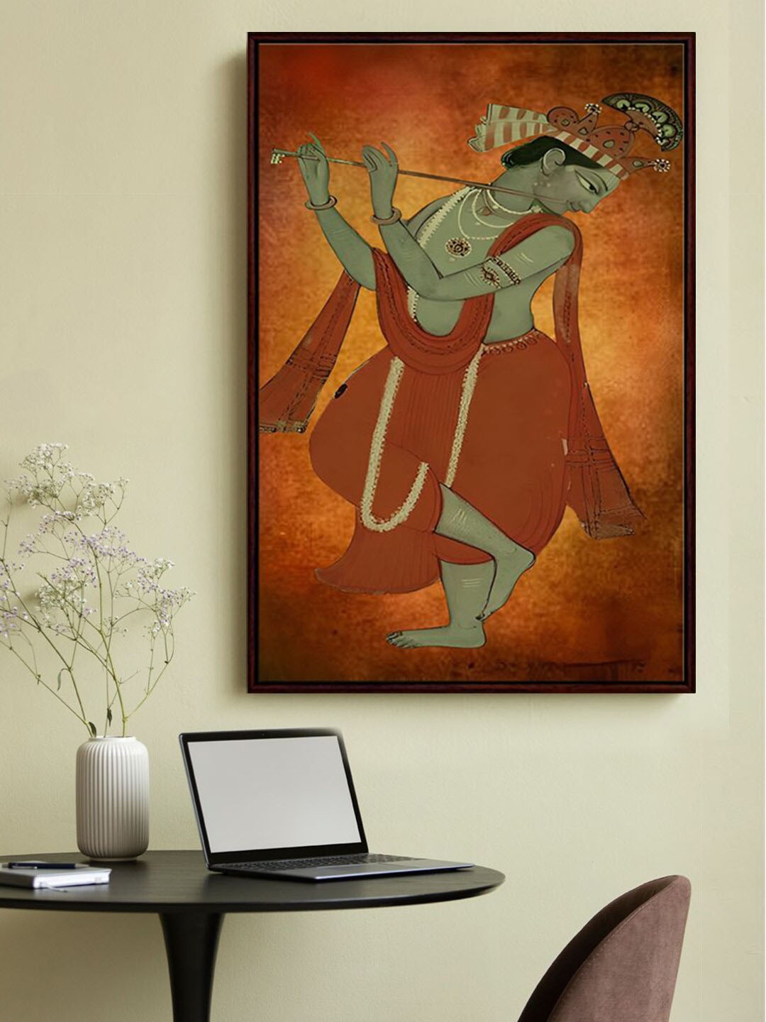

999Store Brown Lord Krishna Playing Flute Framed Painting Wall Art