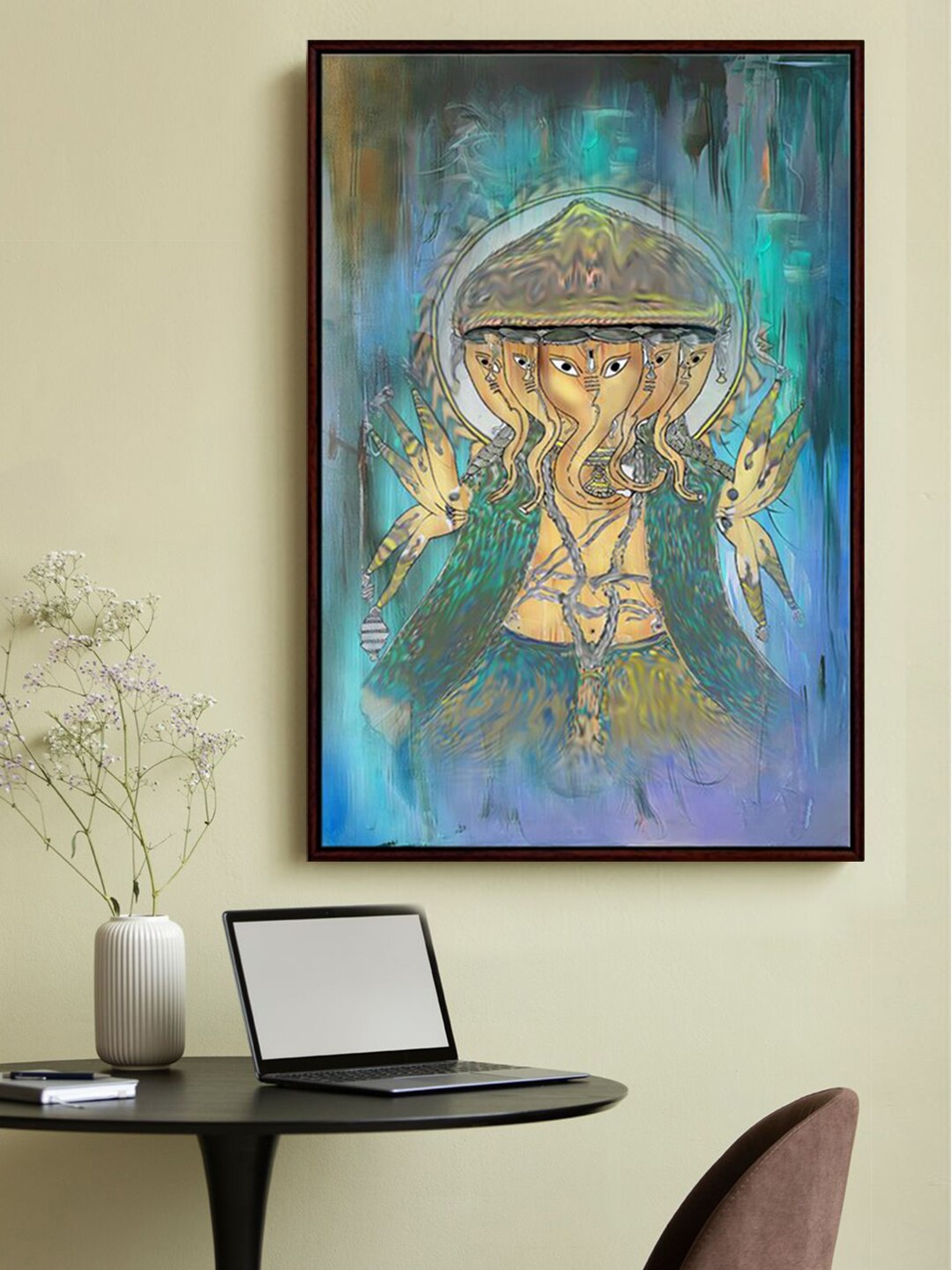 

999Store Blue Lord Ganesha Printed Framed Wall Art