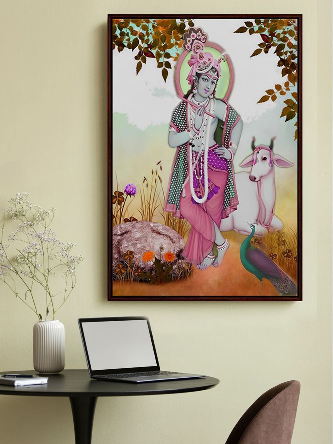 

999Store Pink & Brown Lord Krishna Playing Flute With Cow And Peacock Painting Wall Art