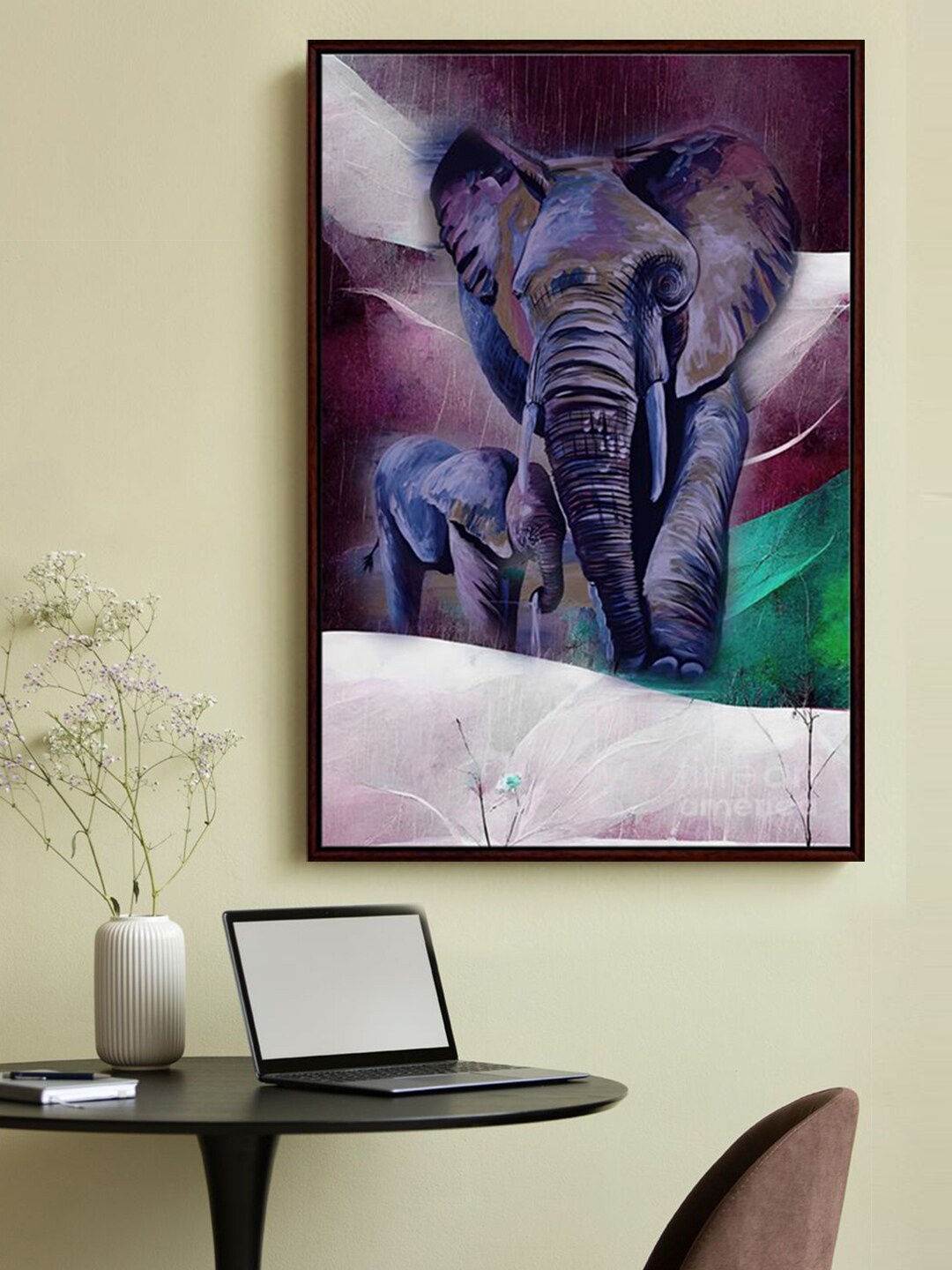 

999Store Purple & Green Elephant And Baby Elephant Printed Framed Wall Art