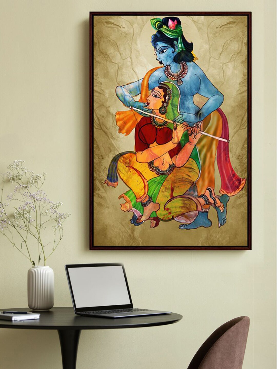 

999Store Brown Radha Krishna Printed Framed Wall Art