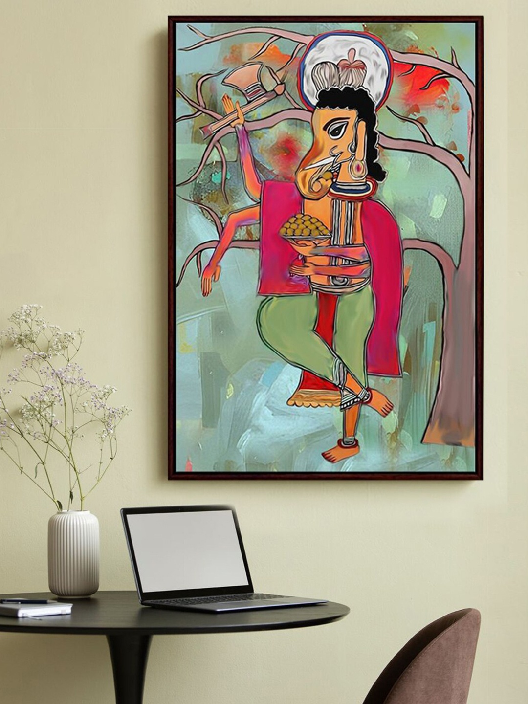 

999Store Green & Red Lord Ganesha With Modak And Tree Framed Painting Wall Art