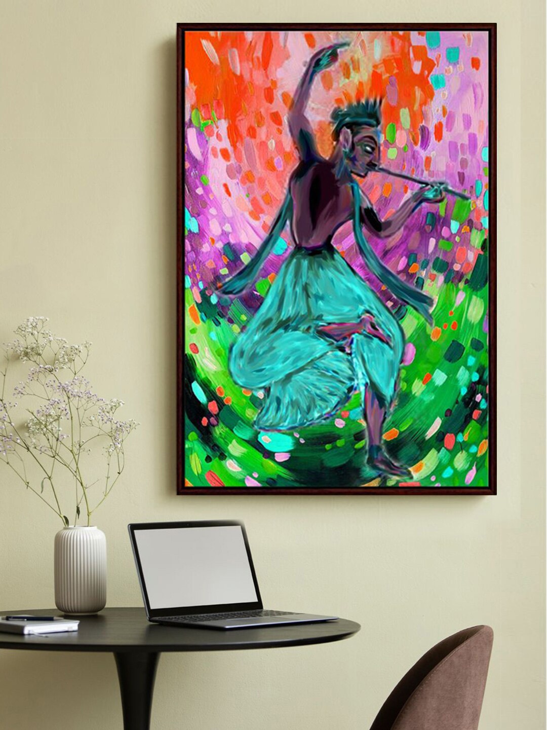 

999Store Red Blue Lord Krishna Dancing With Flute Wall Art Painting