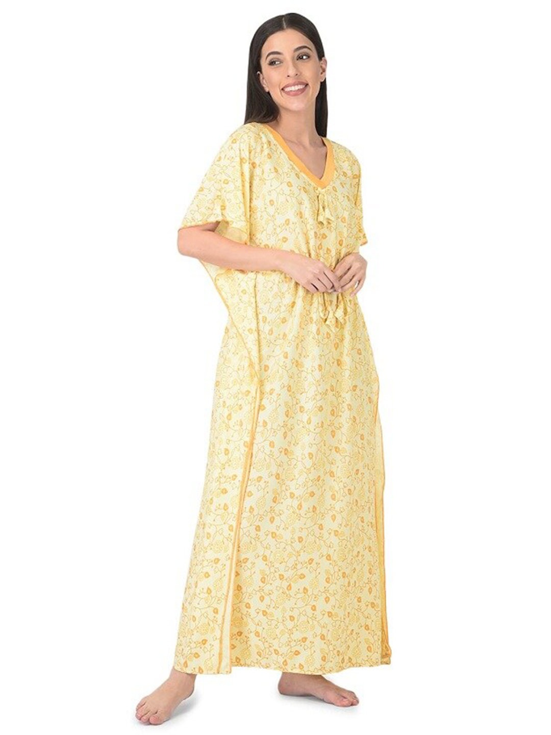 

Noty Floral Printed Maxi Kaftan Nightdress, Yellow