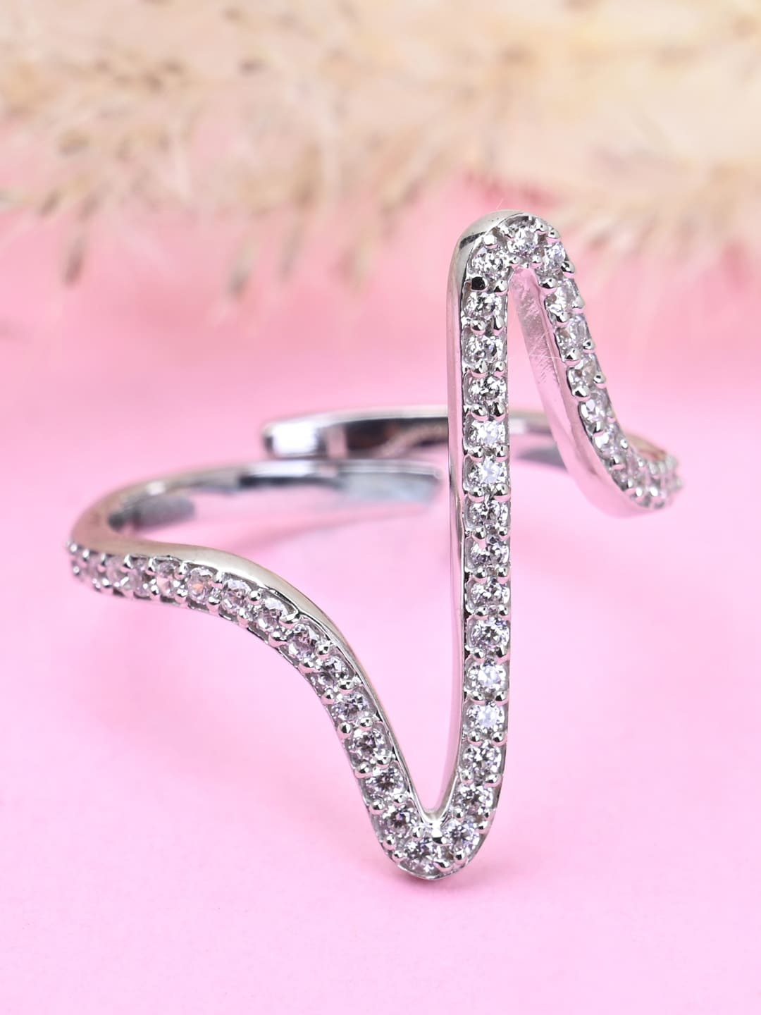

Clara 925 Sterling Silver Rhodium-Plated Cubic Zirconia-Studded Adjustable Finger Ring