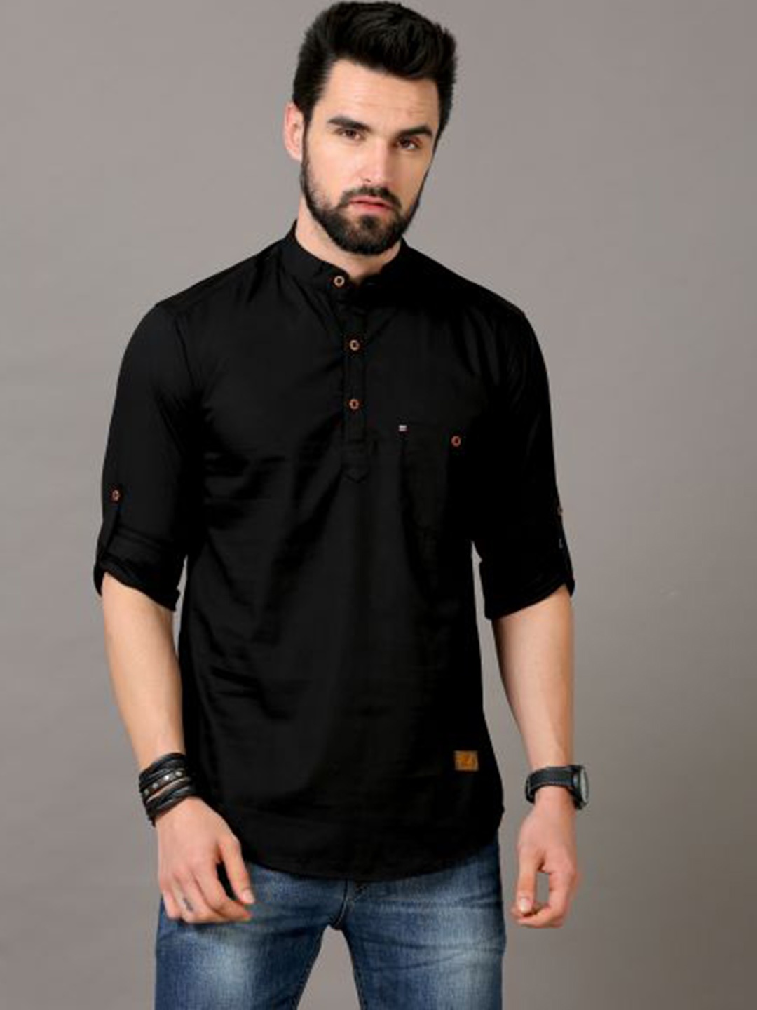 

Tallwalker Band Collar Pure Cotton Straight Kurta, Black