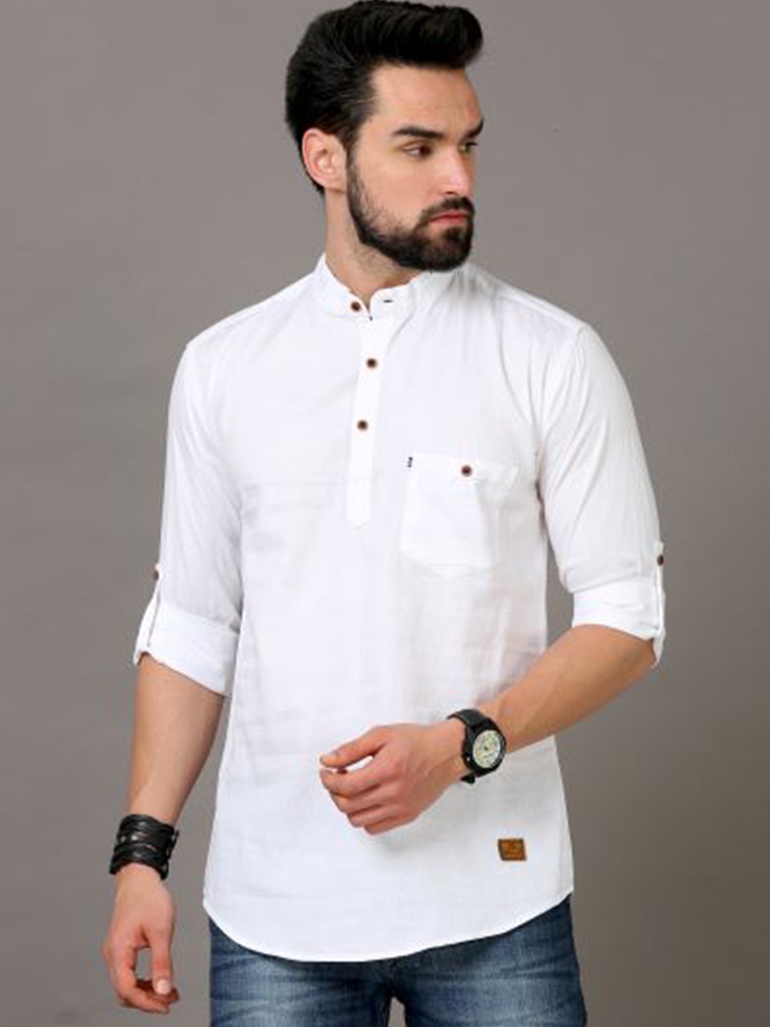 

Tallwalker Band Collar Pure Cotton Straight Kurta, White