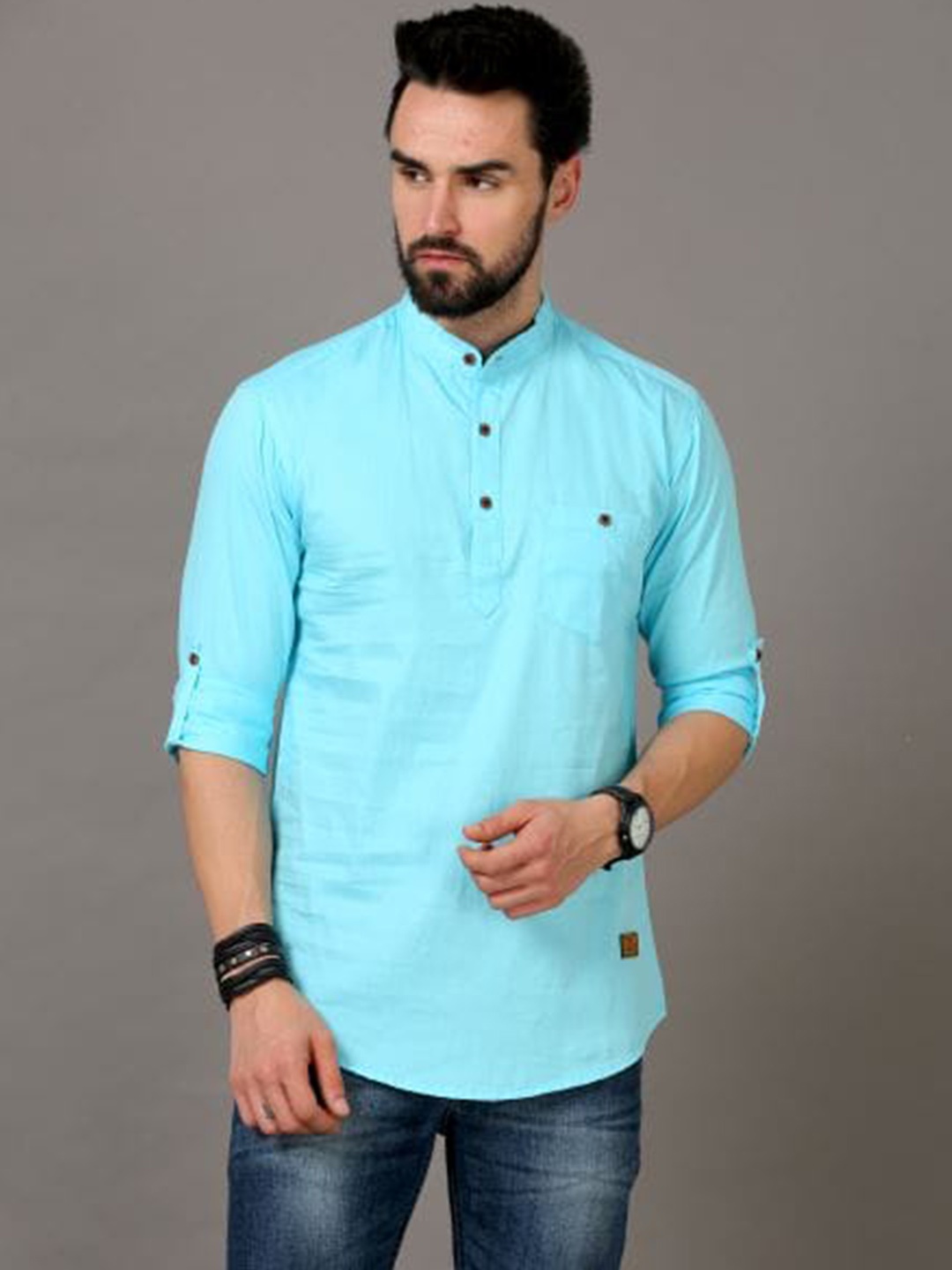 

Tallwalker Band Collar Pure Cotton Straight Kurta, Turquoise blue