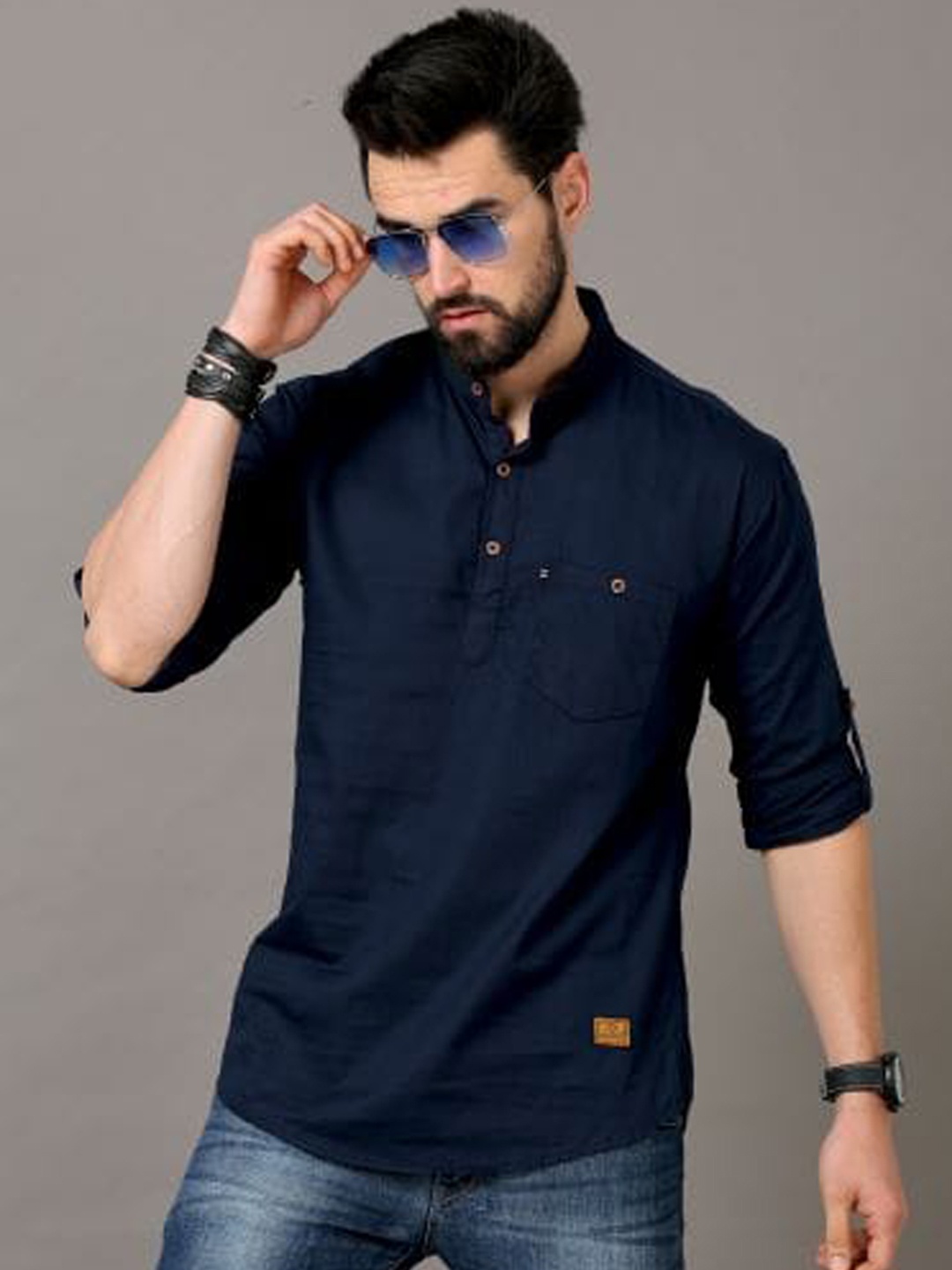 

Tallwalker Band Collar Pure Cotton Straight Kurta, Navy blue