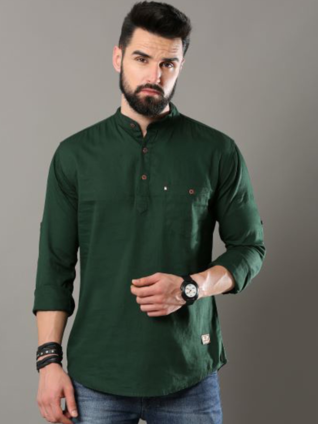 

Tallwalker Band Collar Pure Cotton Straight Kurta, Green