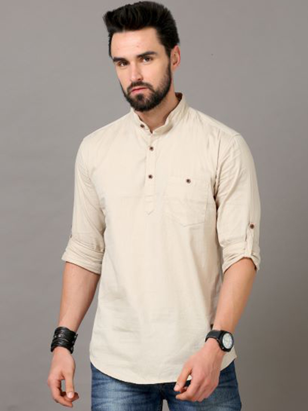 

Tallwalker Band Collar Pure Cotton Straight Kurta, Beige