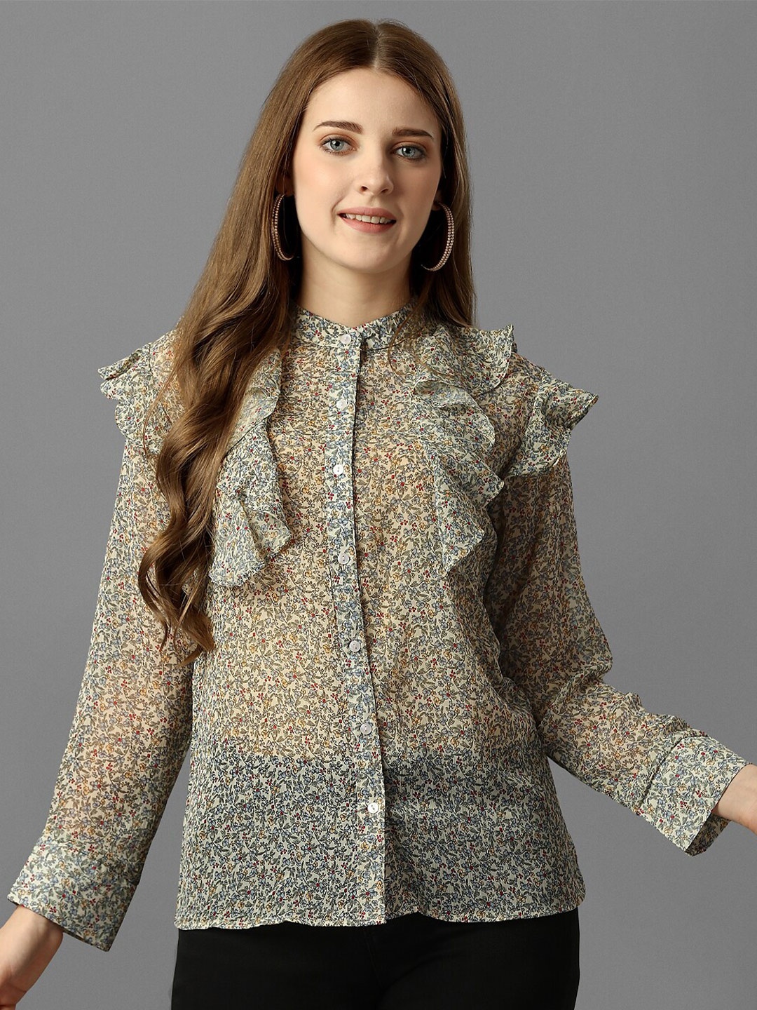 

Fbella Standard Floral Printed Mandarin Collar Ruffled Shirt, Brown