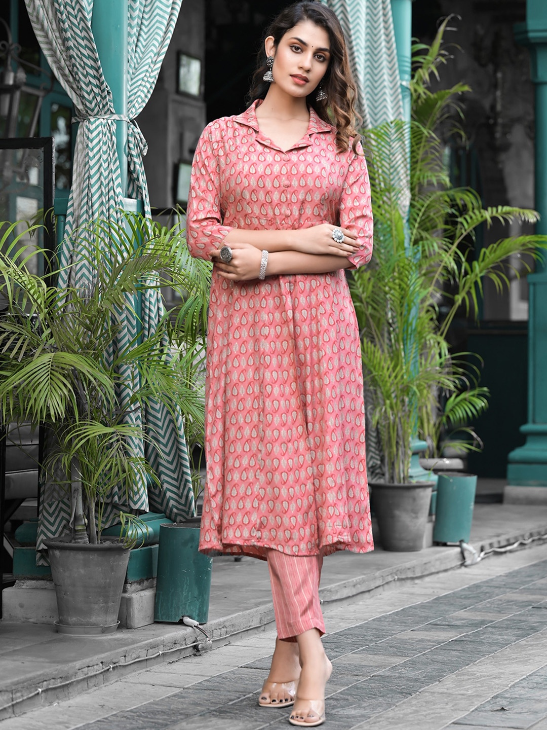 

Sangria Peach-Color & White Ethnic Motifs Printed A-Line Kurta With Trouser