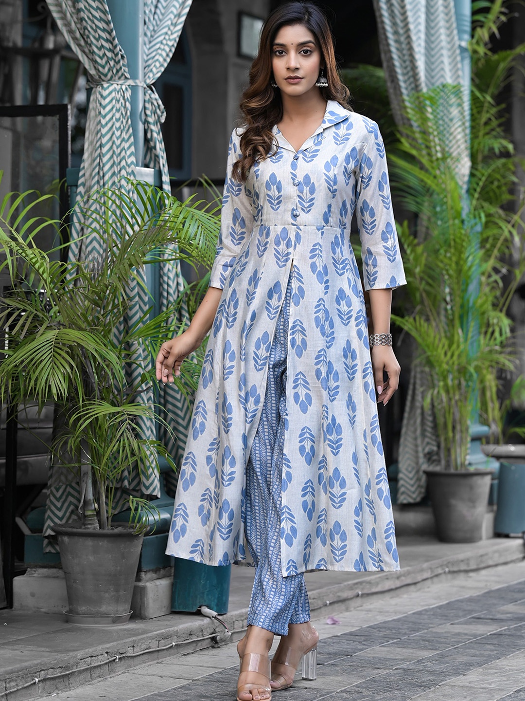 

Sangria White & Blue Printed A-Line High Slit Kurta With Trousers