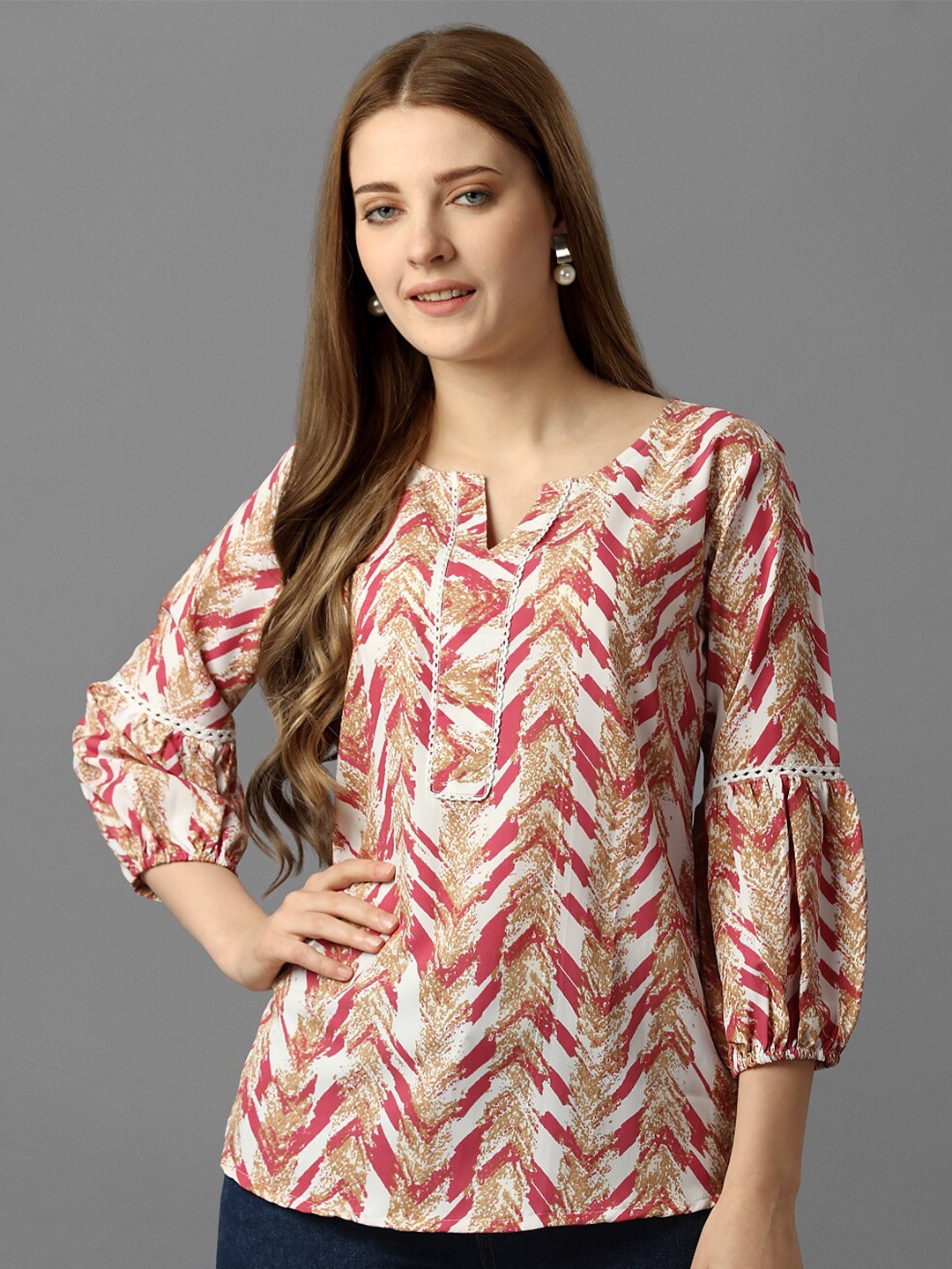 

Fbella Abstract Printed Round Notch Neck Top, Red