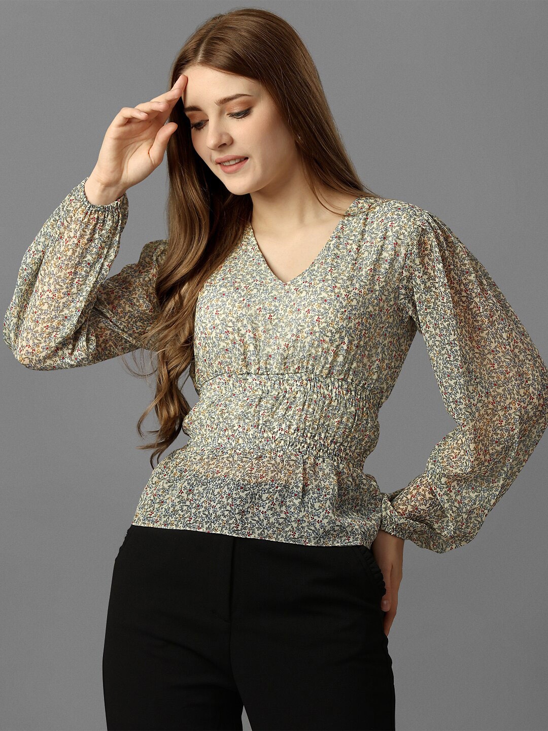 

Fbella Abstract Printed Puff Sleeve V-Neck Top, Green