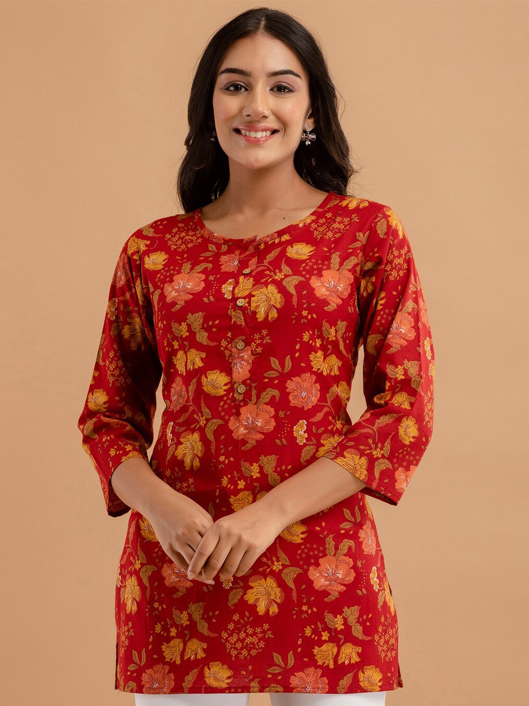 

FERANOID Floral Printed Pure Cotton Kurti, Red