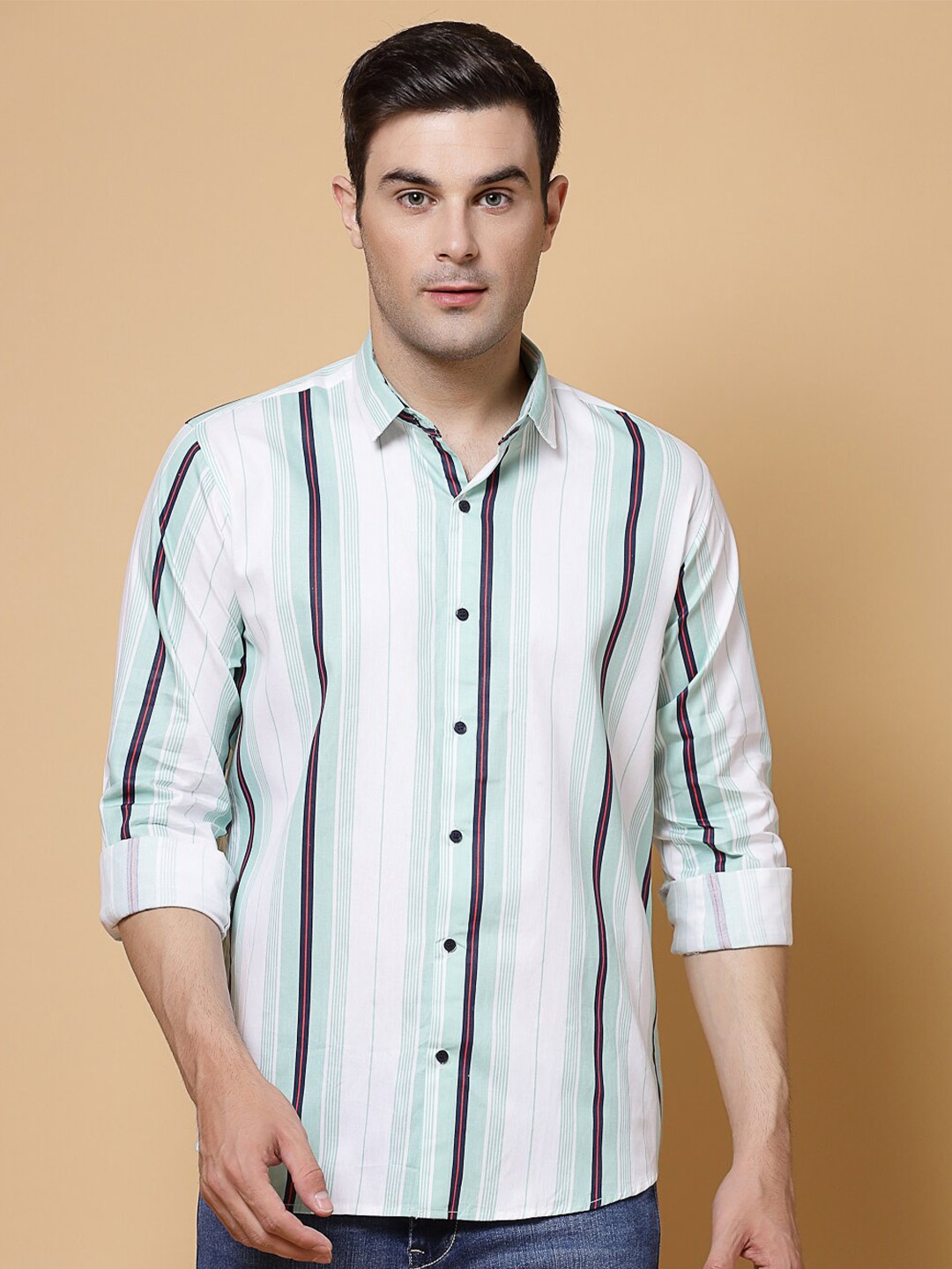

ADWYN PETER Vertical Striped New Cotton Casual Shirt, Lime green