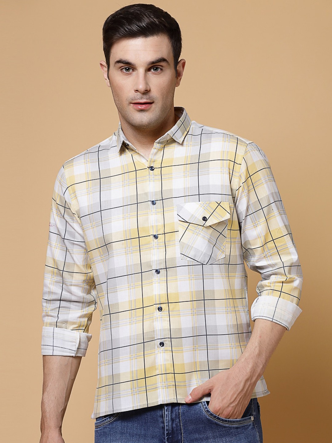 

ADWYN PETER Tartan Checked New Cotton Casual Shirt, Yellow