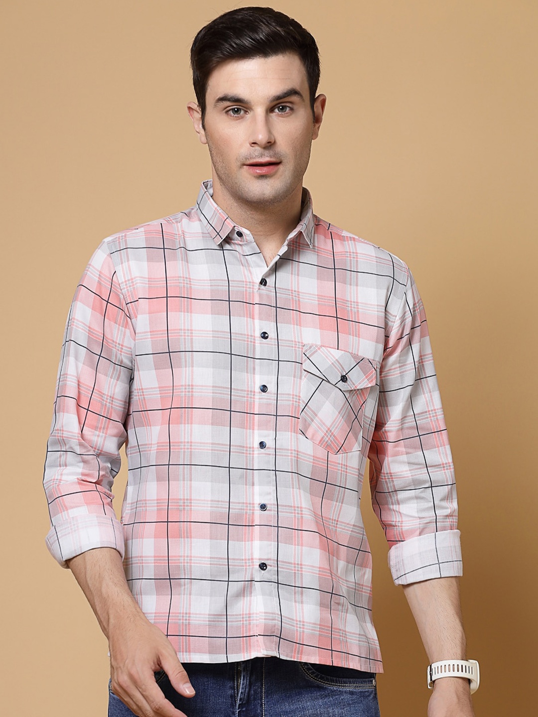 

ADWYN PETER Tartan Checked New Cotton Casual Shirt, Peach