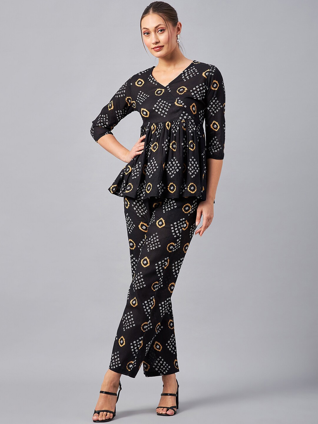 

Azira Ethnic Motif Printed Pure Cotton Top With Palazzo Co-Ords, Black