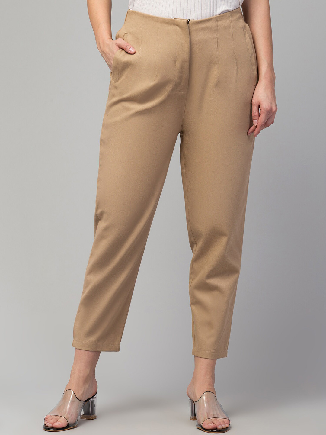 

GLITO Women Mid-Rise Cropped Cotton Trousers, Tan
