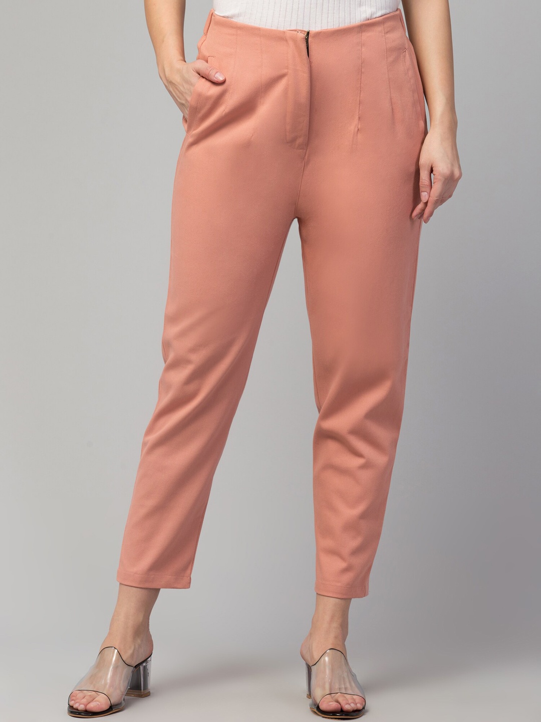 

GLITO Women Low-Rise Easy Wash Cotton Trousers, Peach