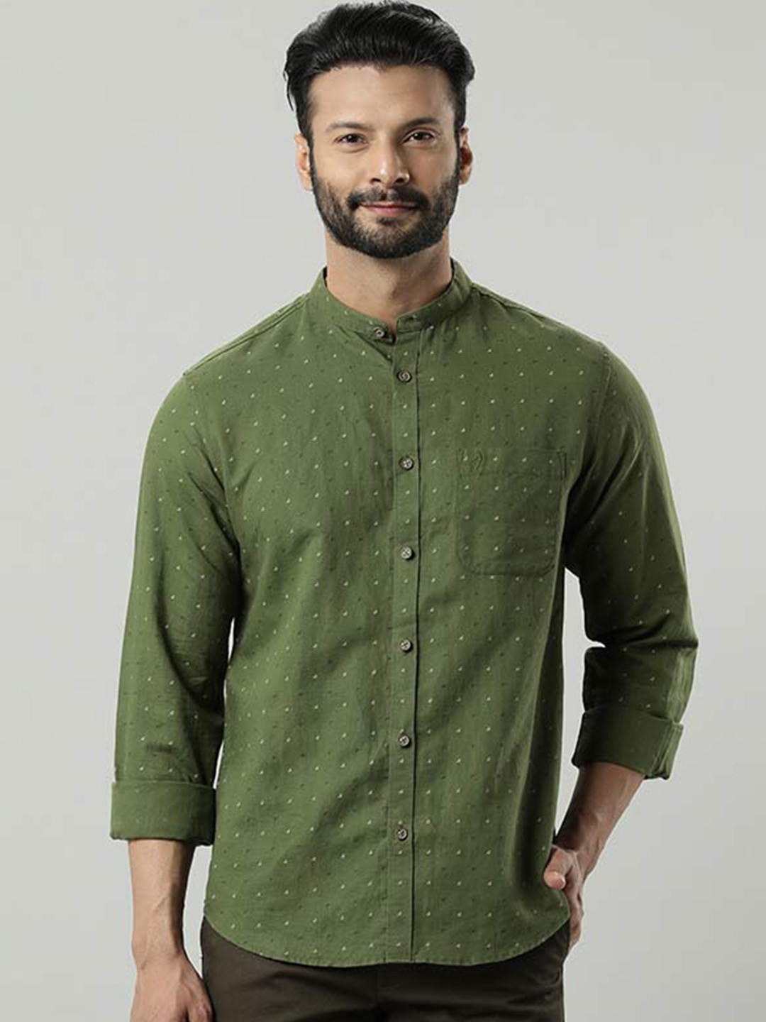 

Indian Terrain Classic Slim Fit Micro Ditsy Linen Cotton Casual Shirt, Green