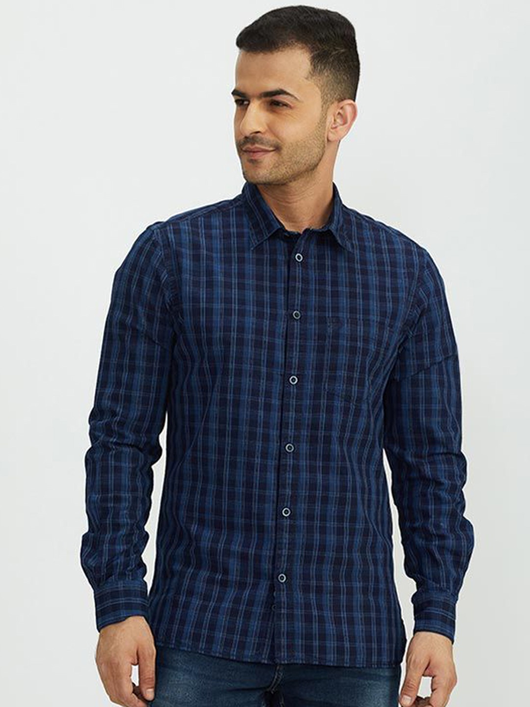 

Indian Terrain Chiseled Slim Fit Tartan Checked Pure Cotton Casual Shirt, Blue