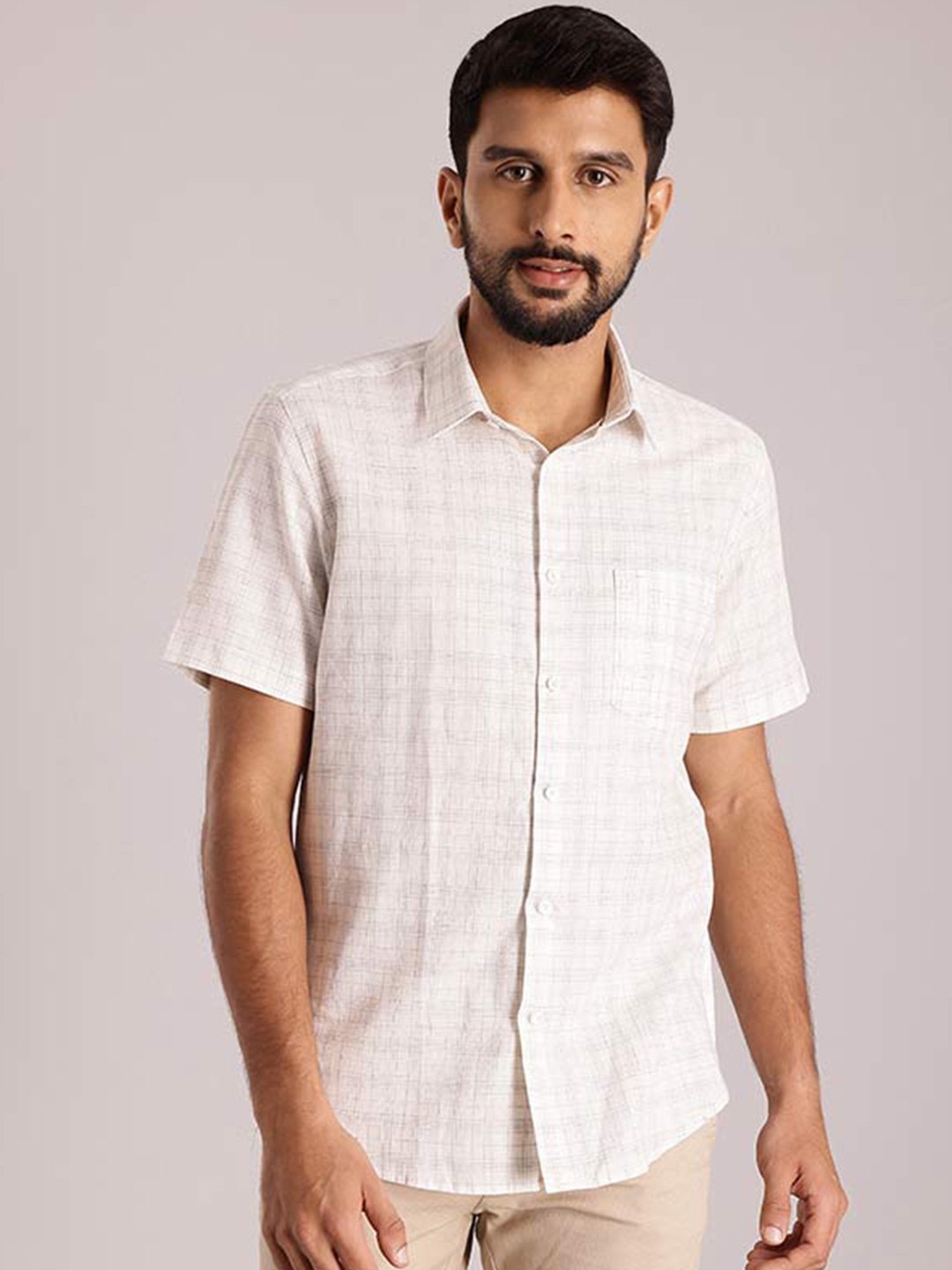 

Indian Terrain Classic Slim Fit Grid Tattersall Checked Pure Cotton Shirt, White