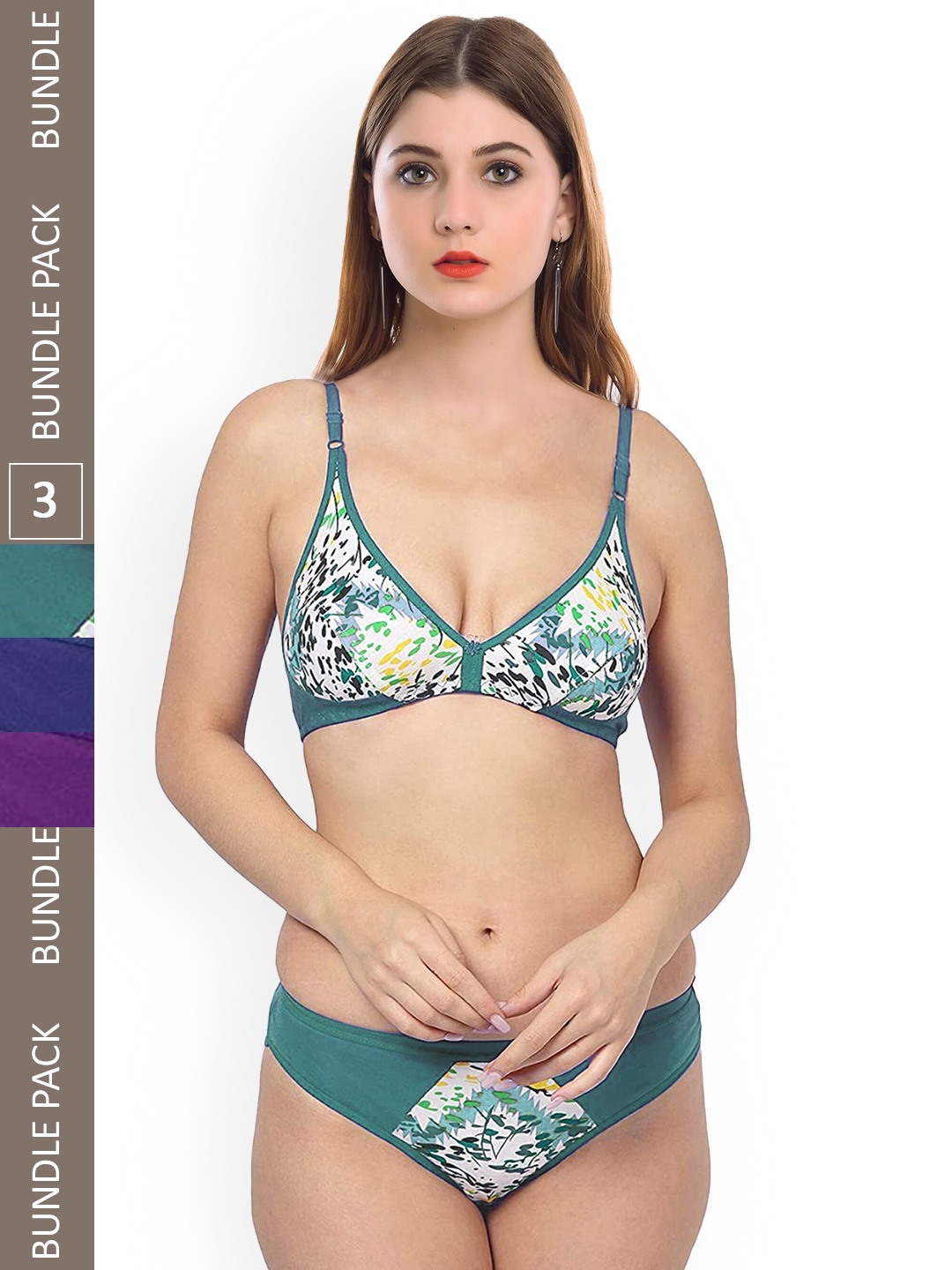 

AROUSY Pack Of 3 Abstract Printed Non-Padded Cotton Lingerie Set, Purple