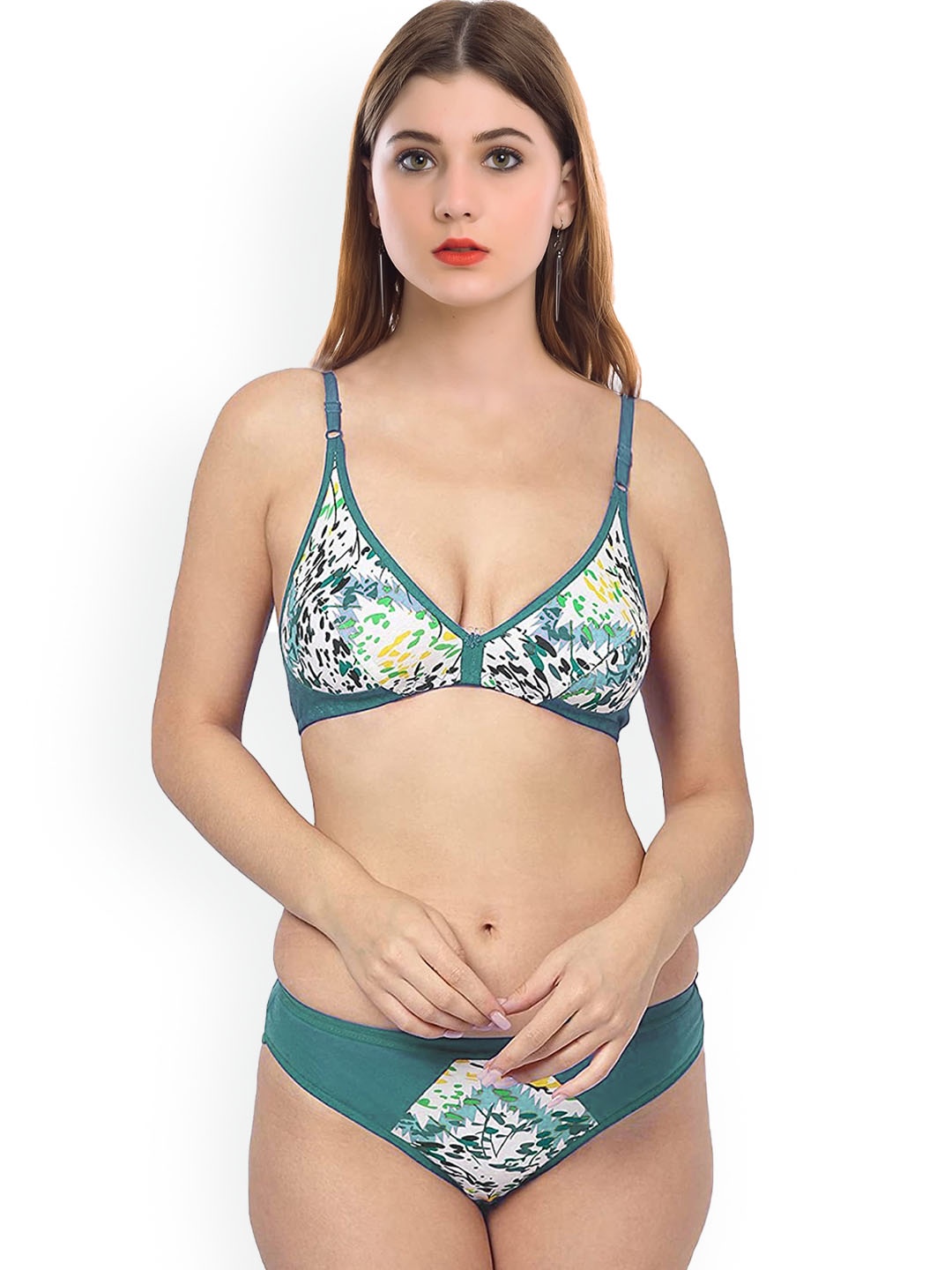 

AROUSY Abstract Printed Non-Padded Cotton Lingerie Set, Green