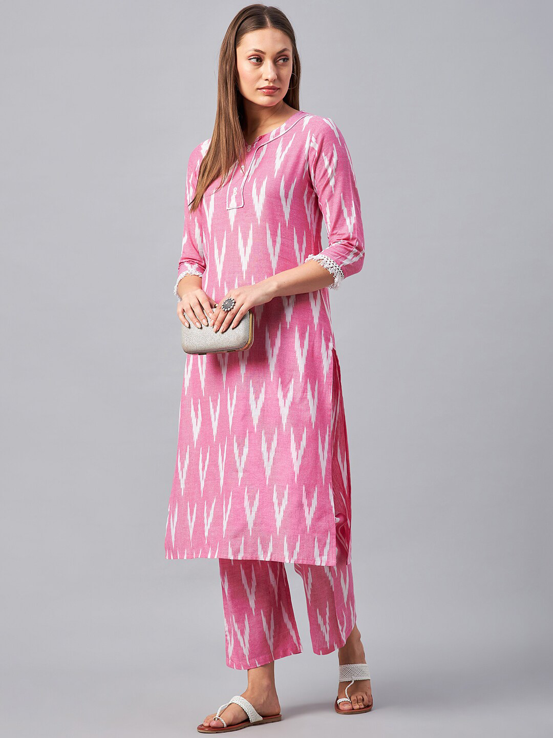 

Azira Ethnic Motif Woven Design Regular Pure Cotton Straight Kurta With Palazzos, Pink