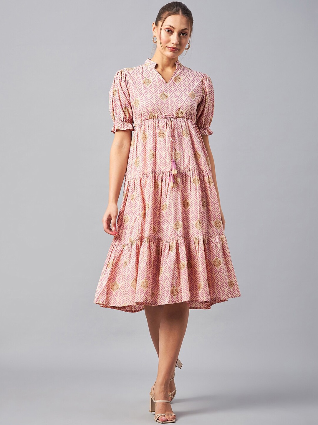 

Azira Printed Fit & Flare Tiered Cotton Puff Sleeves Ethnic Midi Dress, Beige
