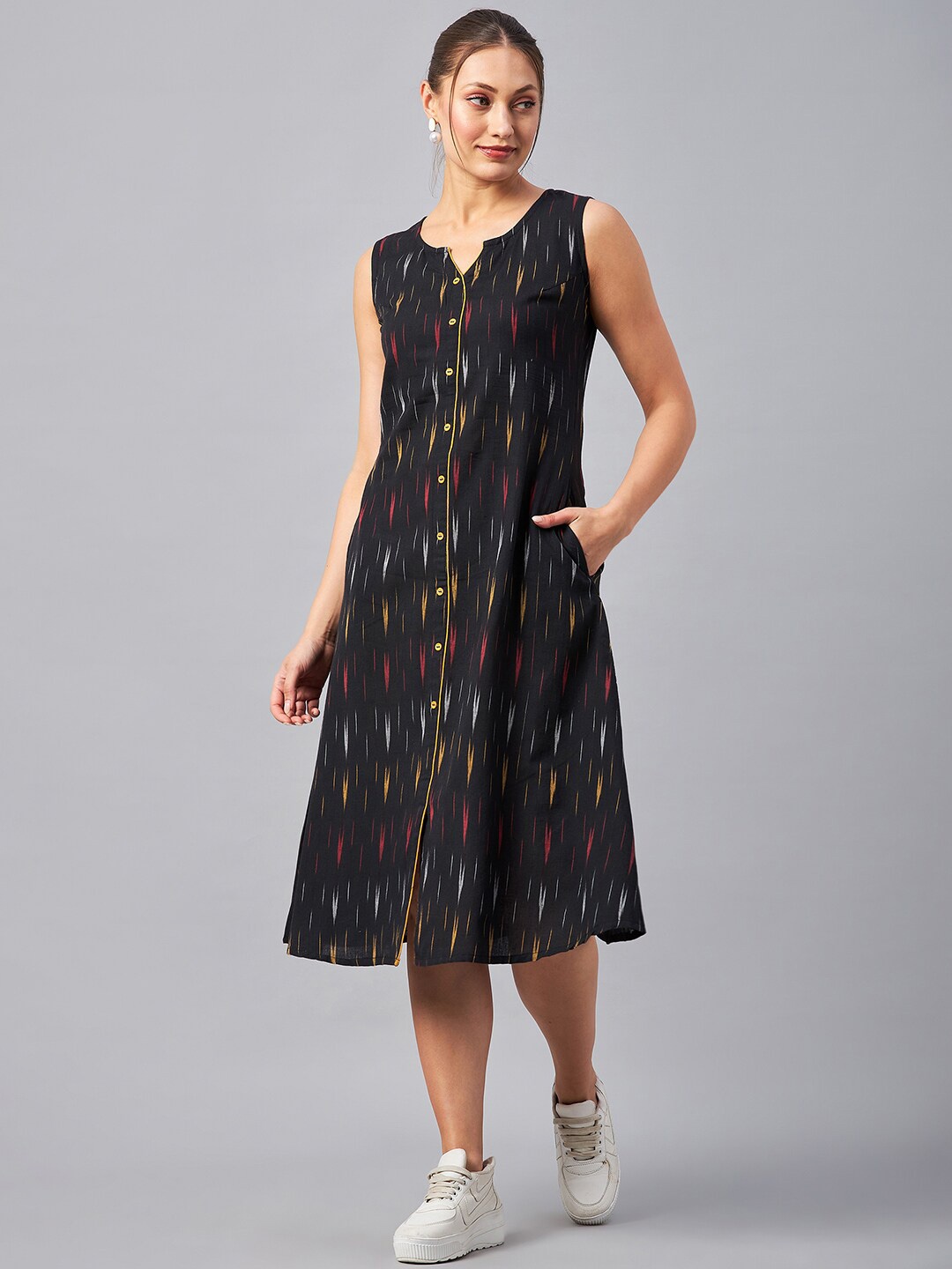 

Azira Self Design Sleeveless Cotton A-line Dress, Black