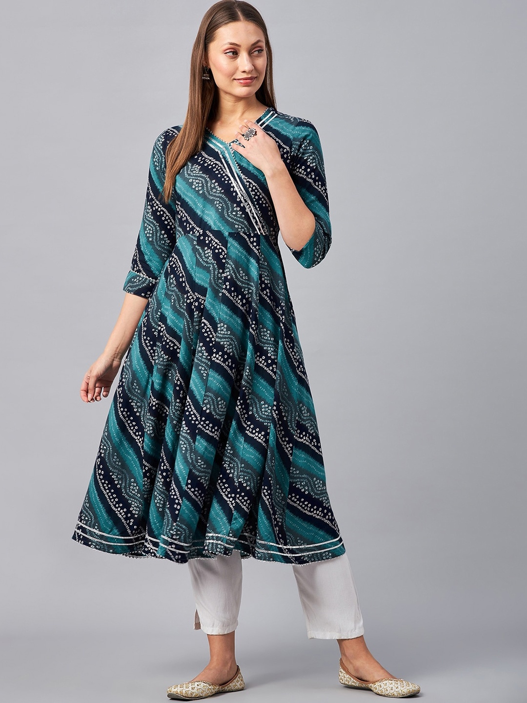 

Azira Bandhani Printed Angrakha Gotta Patti Anarkali Kurta, Turquoise blue
