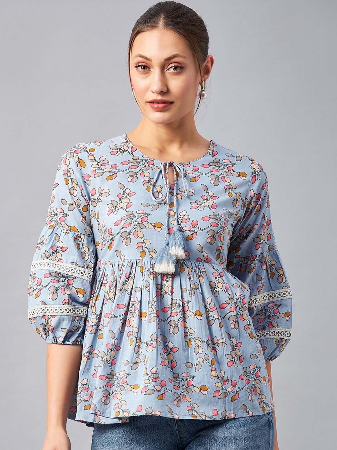 

Azira Floral Printed Tie-Up Neck Puff Sleeve Cotton Peplum Top, Blue