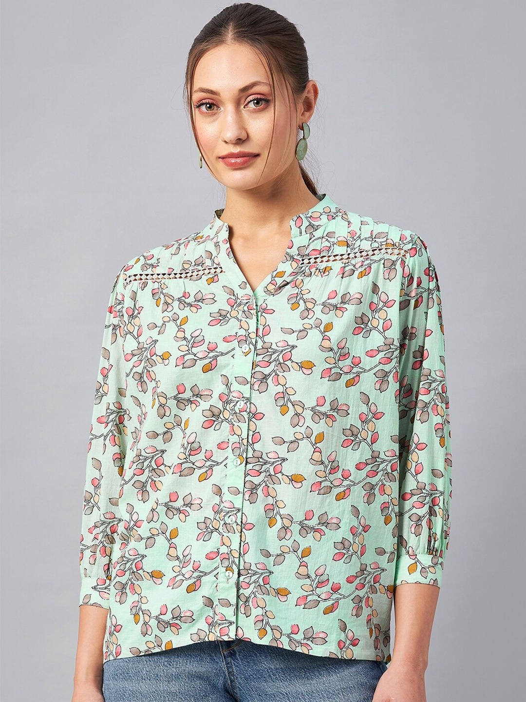 

Azira Floral Printed Mandarin Collar Cotton Shirt Style Top, Green