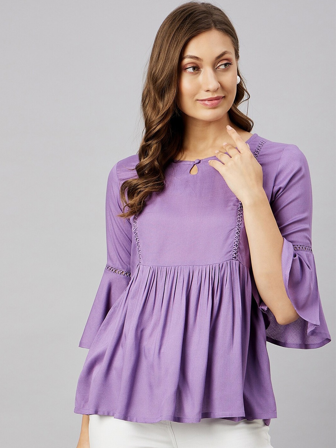 

Azira Keyhole Neck Bell Sleeve Peplum Top, Lavender