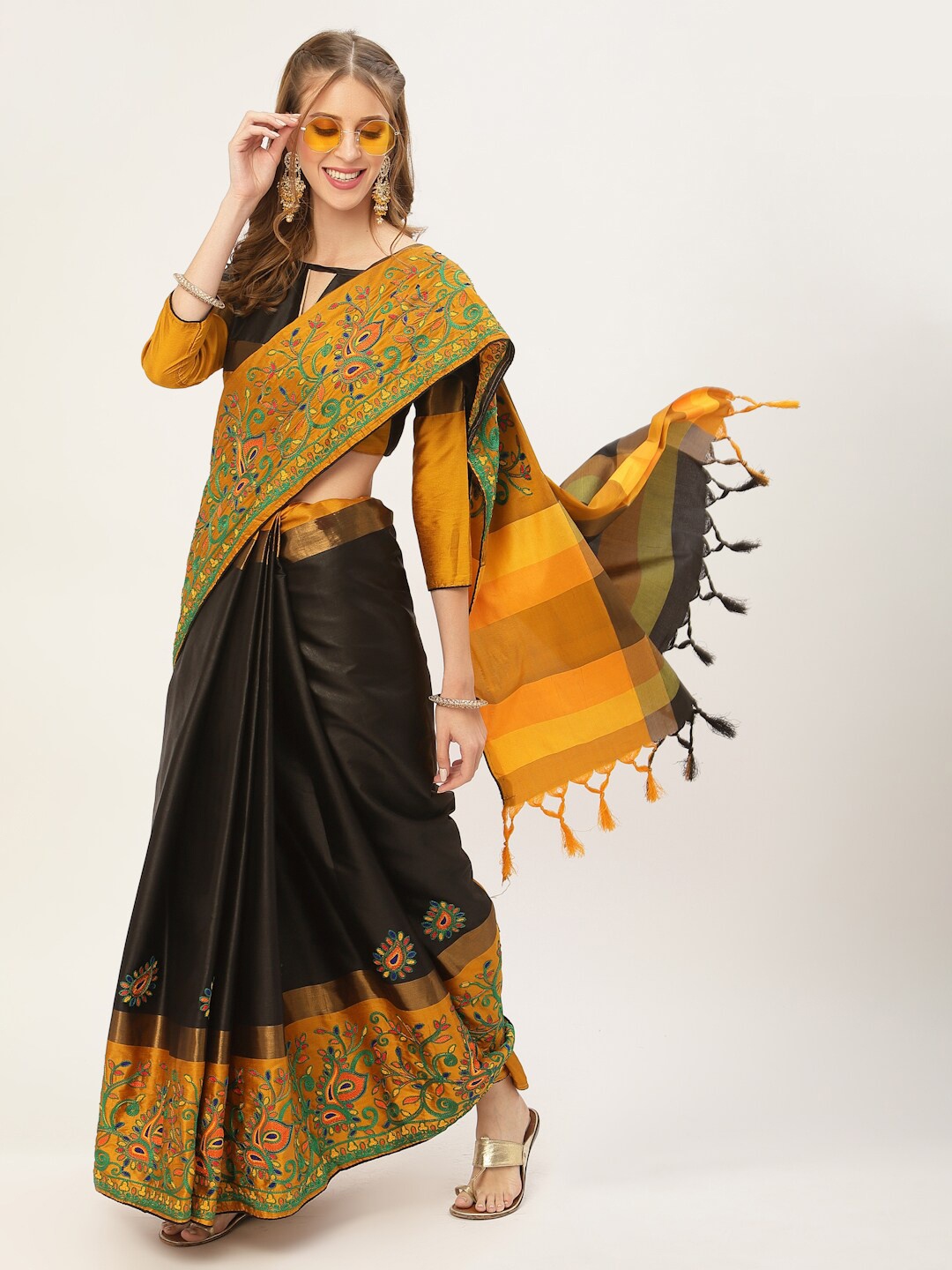 

Mitera Black & Orange Ethnic Motif Embroidered Silk Cotton Saree