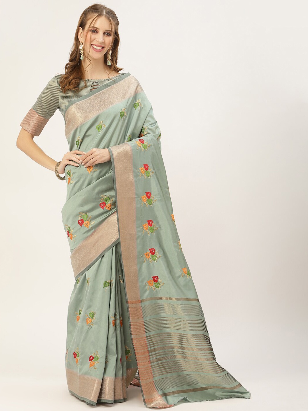 

Mitera Turquoise Blue & Gold-Toned Floral Embroidered Silk Cotton Saree