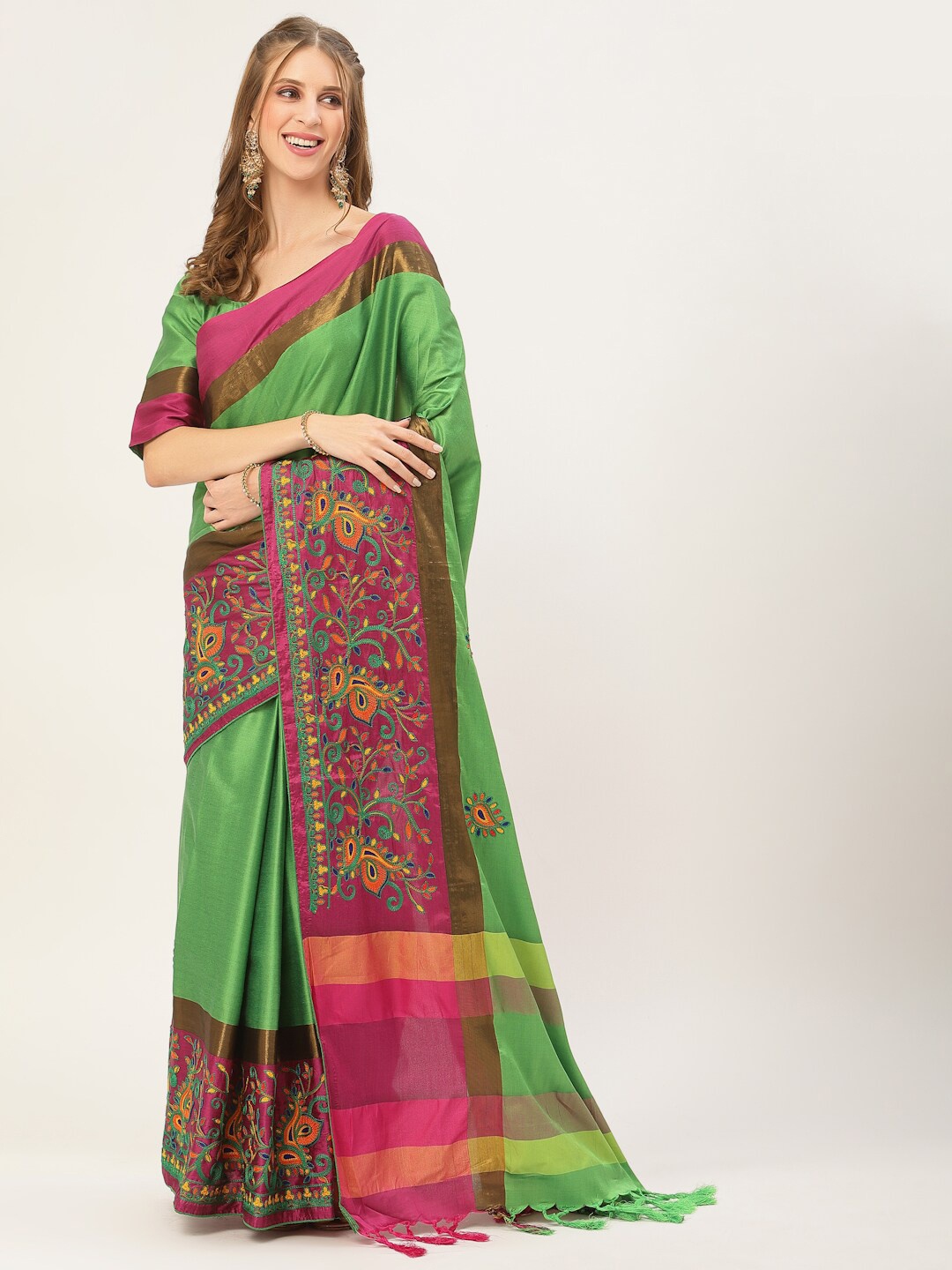 

Mitera Green & Magenta Ethnic Motif Embroidered Silk Cotton Saree